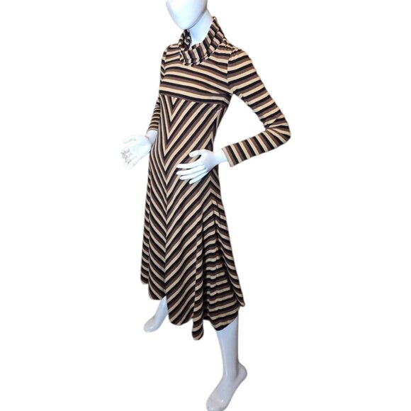 WCAGA Vintage Inspired Cowl Neck Chevron & Stripe Black/Brown Cotton Dress sz M - Picture 4 of 8
